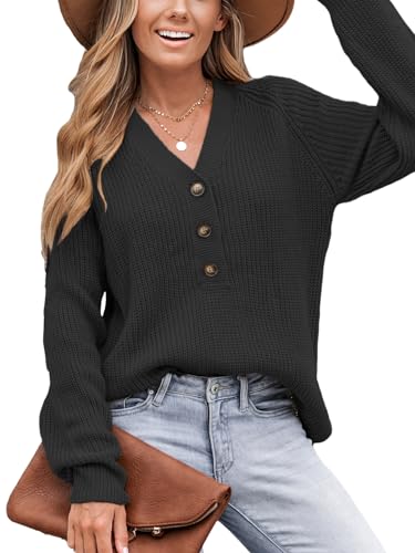 CUPSHE Damen Strickpullover V Ausschnitt Knöpfen Langarm Seitenschlitz 2024 Herbst Winter Feinstrick Pulli Oberteile Tops Lässig Knit Sweater Schwarz M von CUPSHE