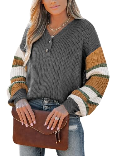 CUPSHE Damen Strickpullover V-Ausschnitt Knopfleiste Gestreifter Langarm Feinstrick Pulli Oberteile Tops Lässig Knit Sweater Grau XL von CUPSHE