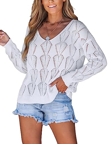 CUPSHE Damen Strickpullover V Ausschnitt Langarm Blättermuster Lochstrick Pulli Oberteil Tops Knit Sweater Weiß L von CUPSHE