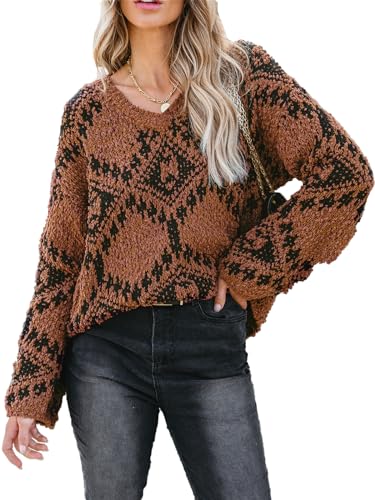 CUPSHE Damen Strickpullover V Ausschnitt Langarm Geometrisches Muster Zerrissen Grobstrick Pulli Oberteile Tops Lässig Chenille Knit Sweater Braun XS von CUPSHE