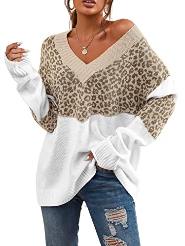 CUPSHE Damen Strickpullover V Ausschnitt Langarm Leoparden Colorblock Feinstrick Pulli Oberteile Tops Lässig Knit Sweater Leopard L von CUPSHE