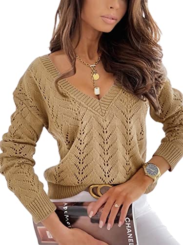 CUPSHE Damen Strickpullover V Ausschnitt Langarm Lochstrick Pulli Oberteile Tops Lässig Knit Sweater Braun S von CUPSHE