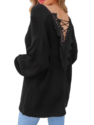 CUPSHE Damen Strickpullover V Ausschnitt Langarm Schnürung Spitzendetail Rippenstrick Pulli Oberteile Tops Casual Knit Sweater Schwarz L von CUPSHE