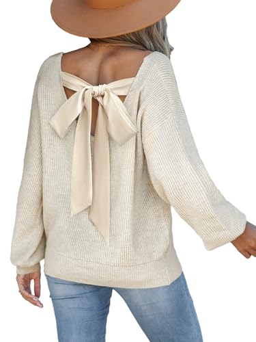 CUPSHE Damen Strickpullover V-Ausschnitt Langarm mit Schleife Rückenfrei Lässiger Feinstrick Pulli für Herbst/Winter 2024 Aprikose M von CUPSHE