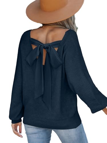 CUPSHE Damen Strickpullover V-Ausschnitt Langarm mit Schleife Rückenfrei Lässiger Feinstrick Pulli für Herbst/Winter 2024 Blau XL von CUPSHE
