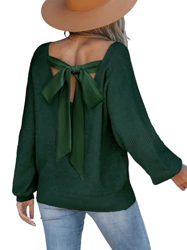CUPSHE Damen Strickpullover V-Ausschnitt Langarm mit Schleife Rückenfrei Lässiger Feinstrick Pulli für Herbst/Winter 2024 Grün M von CUPSHE