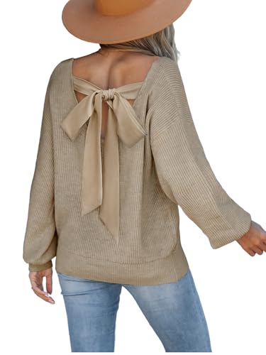 CUPSHE Damen Strickpullover V-Ausschnitt Langarm mit Schleife Rückenfrei Lässiger Feinstrick Pulli für Herbst/Winter 2024 Hellbraun S von CUPSHE