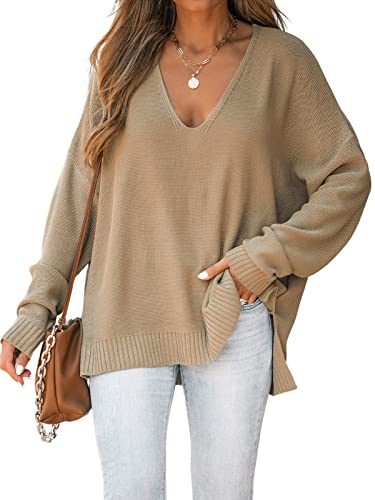 CUPSHE Damen Strickpullover V Ausschnitt Schlitz Oversize High Low Feinstrick Pulli Jumper Oberteile Tops Lässig Knit Sweater Hellbraun L von CUPSHE