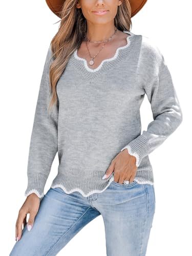 CUPSHE Damen Strickpullover V-Ausschnitt Wellenkante Langarm 2024 Herbst Winter Feinstrick Pulli Oberteile Tops Lässig Knit Sweater Grau S von CUPSHE