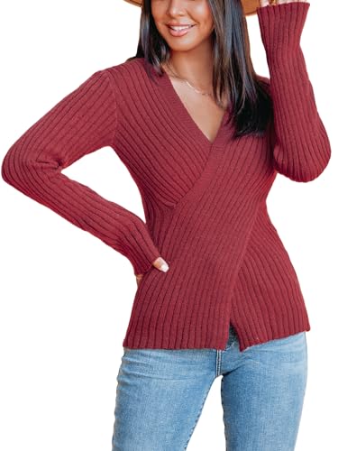 CUPSHE Damen Strickpullover V Ausschnitt Wickeloptik Langarm Crossover Feinstrick Pulli Wickeloberteil Tops Knit Wrap Sweater Burgund L von CUPSHE