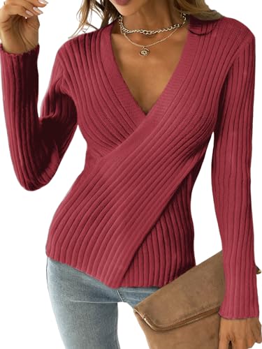 CUPSHE Damen Strickpullover V-Ausschnitt Wickeloptik Langarm Crossover Feinstrick Pulli Wickeloberteil Tops Knit Wrap Sweater Burgund S von CUPSHE