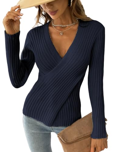 CUPSHE Damen Strickpullover V-Ausschnitt Wickeloptik Langarm Crossover Feinstrick Pulli Wickeloberteil Tops Wrap Knit Sweater Marineblau L von CUPSHE