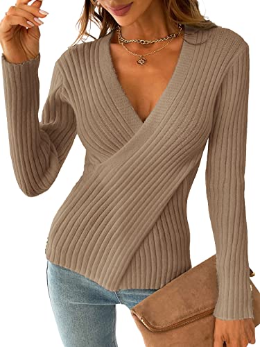 CUPSHE Damen Strickpullover Wickeloptik V Ausschnitt Crossover Rippenstrick Pulli Jumper Oberteile Tops Lässig Knit Sweater Braun M von CUPSHE