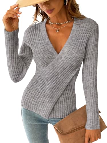 CUPSHE Damen Strickpullover Wickeloptik V Ausschnitt Langarm Crossover Pulli Jumper Oberteile Tops Lässig Knit Sweater Grau M von CUPSHE
