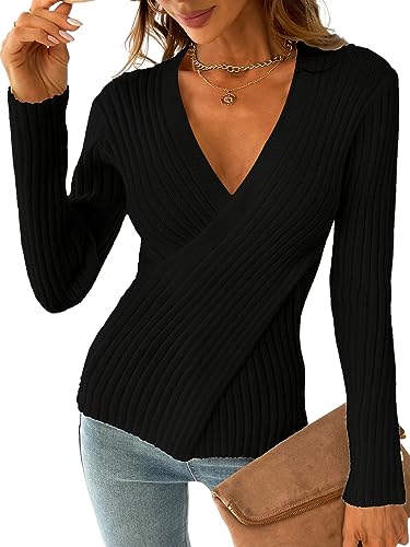 CUPSHE Damen Strickpullover Wickeloptik V Ausschnitt Langarm Crossover Pulli Jumper Oberteile Tops Lässig Knit Sweater Schwarz L von CUPSHE