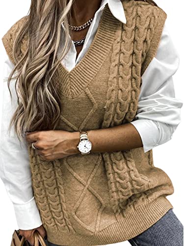 CUPSHE Damen Strickweste V Ausschnitt Ärmellos Zopfmuster Pullunder Gestrickte Weste Pullover Sweater Vest Braun S von CUPSHE