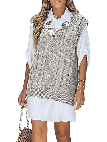 CUPSHE Damen Strickweste V Ausschnitt Ärmellos Zopfmuster Pullunder Gestrickte Weste Pullover Sweater Vest Grau L von CUPSHE