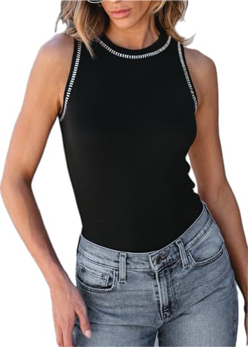 CUPSHE Damen Tank Top Rundhals Ärmellos Paillette Slim Fit Oberteile Elegant Shirts Schwarz L von CUPSHE