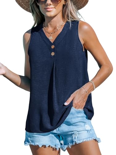 CUPSHE Damen Tank Top V Ausschnitt Knöpfen Ärmelloses Shirt Oberteil Sommer Elegant Freizeit Bluse Tops Marineblau M von CUPSHE