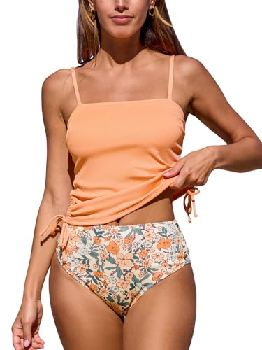 CUPSHE Damen-Tankini-Set, zweiteilig, gerüschter Kordelzug, Badeanzüge mit hoher Taille, gerippter Unterseite, Aprikosenblüten, S CUPSHE Damen-Tankini-Set, zweiteilig, gerüschter Kordelzug, Badeanzüge mit hoher Taille, gerippter Unterseite, Aprikosenblüten, S von CUPSHE