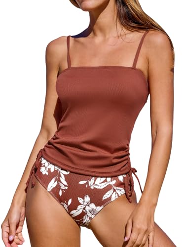 CUPSHE Damen-Tankini-Set, zweiteilig, gerüschter Kordelzug, Badeanzüge mit hoher Taille, gerippter Unterseite, Ziegelrot geblümt, Medium CUPSHE Damen-Tankini-Set, zweiteilig, gerüschter Kordelzug, Badeanzüge mit hoher Taille, gerippter Unterseite, Ziegelrot geblümt, Medium von CUPSHE