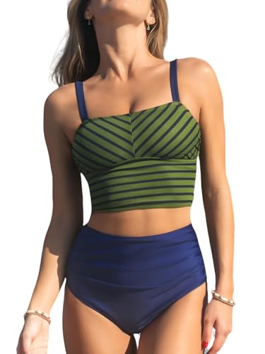 CUPSHE Damen Tankini Set Eckiger Ausschnitt High Waist Bauchweg Crop Tank Top Tankini Bademode Zweiteiliger Badeanzug Swimsuit Olivgrün/Marineblau Gestreift M von CUPSHE