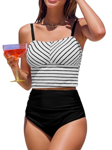 CUPSHE Damen Tankini Set Eckiger Ausschnitt High Waist Bauchweg Crop Tank Top Tankini Bademode Zweiteiliger Badeanzug Swimsuit Schwarz/Gestreift XS von CUPSHE