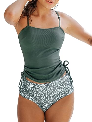 CUPSHE Damen Tankini Set Geraffte Kordelzug High Waist Camisole Tankini Bademode Gerippte Textur Zweiteiliger Badeanzug Swimsuit Grünes Blumenmuster XS von CUPSHE