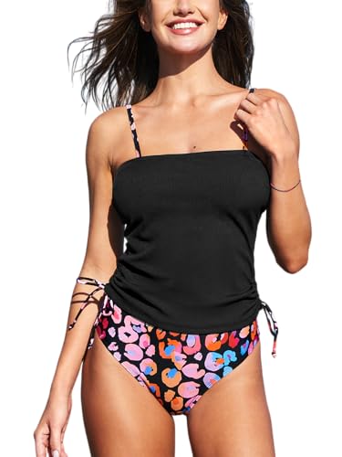 CUPSHE Damen Tankini Set Geraffte Kordelzug High Waist Camisole Tankini Bademode Gerippte Textur Zweiteiliger Badeanzug Swimsuit Schwarz/Rosa Leopardenmuster S von CUPSHE