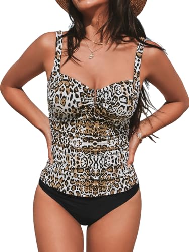 CUPSHE Damen Tankini Set Herzausschnitt V-Wired Bauchweg Raffung Mid Waist Bademode Zweiteiliger Badeanzug Swimsuit Leopard/Schwarz XS von CUPSHE