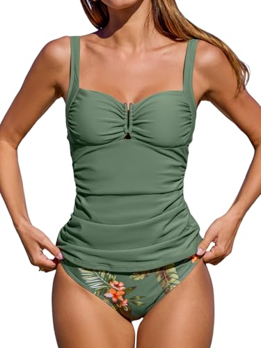 CUPSHE Damen Tankini Set Herzausschnitt V-Wired Bauchweg Raffung Mid Waist Bademode Zweiteiliger Badeanzug Swimsuit Olivgrün/Blumenmuster XL von CUPSHE