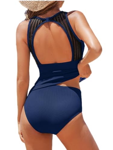 CUPSHE Damen Tankini Set High Neck Netzstoff Rückenfrei Bauchweg Raffung Mid Waist Bademode Zweiteiliger Badeanzug Swimsuit Marineblau XL von CUPSHE
