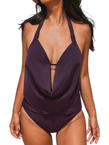 CUPSHE Damen Tankini Set Neckholder Tiefer V-Ausschnitt Mid Waist Tankini Bademode Wasserfallausschnitt Rückenfrei Zweiteiliger Badeanzug Swimsuit Pflaumenlila XL von CUPSHE