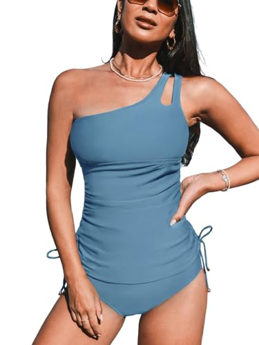 CUPSHE Damen Tankini Set One Shoulder Zierausschnitten Tunnelzug Bauchweg Mid Waist Bademode Zweiteiliger Badeanzug Swimsuit Himmelblau L von CUPSHE