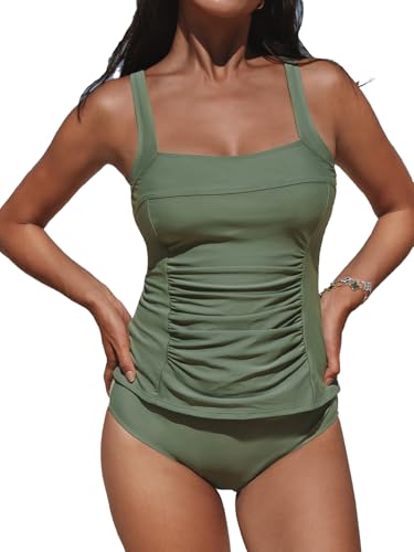 CUPSHE Damen Tankini Set Quadratischer Ausschnitt Raffung Bauchweg Mid Waist Tankini Bademode Zweiteiliger Badeanzug Swimsuit Dark Olive Green M von CUPSHE