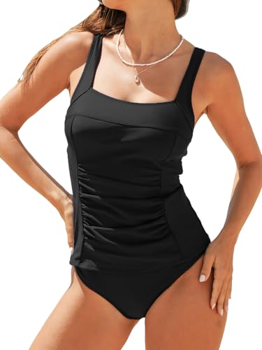 CUPSHE Damen Tankini Set Quadratischer Ausschnitt Raffung Bauchweg Mid Waist Tankini Bademode Zweiteiliger Badeanzug Swimsuit Schwarz S CUPSHE Damen Tankini Set Quadratischer Ausschnitt Raffung Bauchweg Mid Waist Tankini Bademode Zweiteiliger Badeanzug Swimsuit Schwarz S von CUPSHE