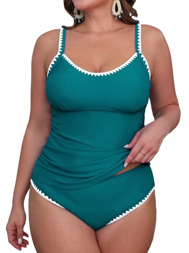 CUPSHE Damen Tankini Set U Ausschnitt Häkelkante Mid Waist Verstellbare Träger Zweiteiliger Badeanzug Swimsuit Blaugrün XXL von CUPSHE