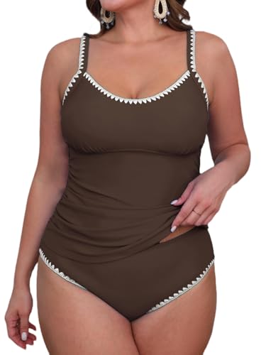 CUPSHE Damen Tankini Set U Ausschnitt Häkelkante Mid Waist Verstellbare Träger Zweiteiliger Badeanzug Swimsuit Braun M von CUPSHE