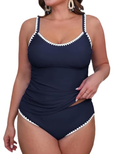 CUPSHE Damen Tankini Set U Ausschnitt Häkelkante Mid Waist Verstellbare Träger Zweiteiliger Badeanzug Swimsuit Dunkelblau XXL von CUPSHE