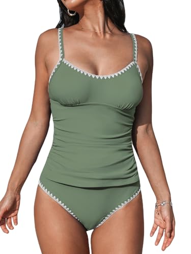 CUPSHE Damen Tankini Set U Ausschnitt Häkelkante Mid Waist Verstellbare Träger Zweiteiliger Badeanzug Swimsuit Eukalyptusgrün M von CUPSHE