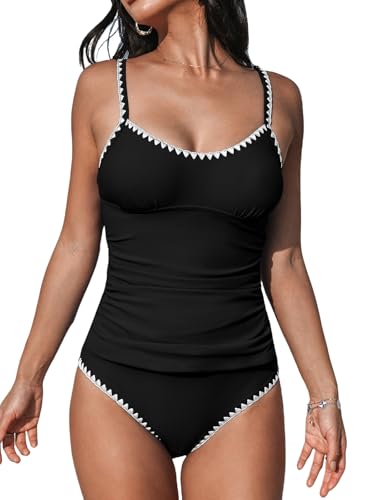 CUPSHE Damen Tankini Set U Ausschnitt Häkelkante Mid Waist Verstellbare Träger Zweiteiliger Badeanzug Swimsuit Schwarz M von CUPSHE