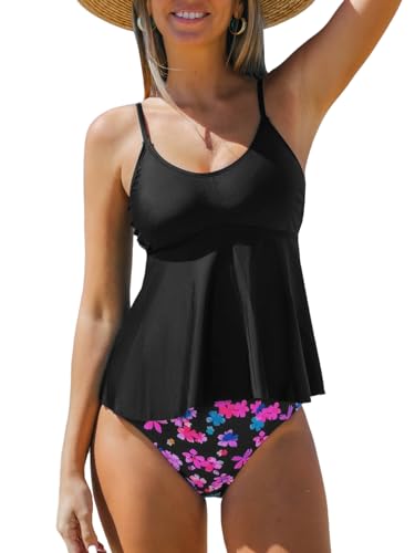 CUPSHE Damen Tankini Set U Ausschnitt Rüschensaum Bauchweg Mid Waist Zweiteiliger Badeanzug Swimsuit Schwarz/Rosa Blumenmuster L von CUPSHE