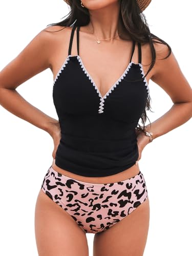 CUPSHE Damen Tankini Set V Ausschnitt Häkelkante Mid Waist Tankini Bauchweg Crossback Bademode Zweiteiliger Badeanzug Swimsuit Schwarz/Leopardendesign XS CUPSHE Damen Tankini Set V Ausschnitt Häkelkante Mid Waist Tankini Bauchweg Crossback Bademode Zweiteiliger Badeanzug Swimsuit Schwarz/Leopardendesign XS von CUPSHE