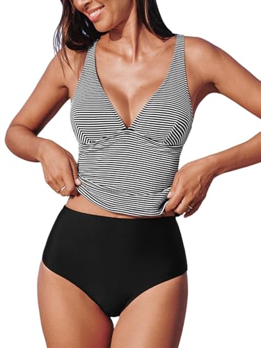 CUPSHE Damen Tankini Set V Ausschnitt High Waist Tankini Doppelt verstellbare Träger Crossback Bademode Zweiteiliger Badeanzug Swimsuit Schwarze Streifen M CUPSHE Damen Tankini Set V Ausschnitt High Waist Tankini Doppelt verstellbare Träger Crossback Bademode Zweiteiliger Badeanzug Swimsuit Schwarze Streifen M von CUPSHE