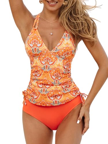 CUPSHE Damen Tankini Set V Ausschnitt Mid Waist Tankini Riemendetail O-Ring Seitlich gebunden Bademode Zweiteiliger Badeanzug Swimsuit Blassorange/Blumenmuster L von CUPSHE