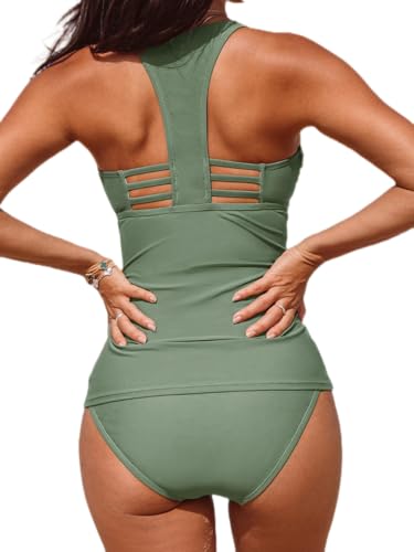 CUPSHE Damen Tankini Set V Ausschnitt Racerback Riemchen Mid Waist Bademode Zweiteiliger Badeanzug Swimsuit Olive Green XL von CUPSHE