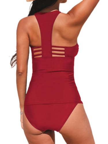 CUPSHE Damen Tankini Set V Ausschnitt Racerback Riemchen Mid Waist Bademode Zweiteiliger Badeanzug Swimsuit Red XL von CUPSHE
