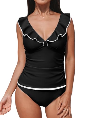 CUPSHE Damen Tankini Set V Ausschnitt Volants Bauchweg Raffung Kontrastpaspeln Mid Waist Tankini Bademode Zweiteiliger Badeanzug Swimsuit Schwarz S CUPSHE Damen Tankini Set V Ausschnitt Volants Bauchweg Raffung Kontrastpaspeln Mid Waist Tankini Bademode Zweiteiliger Badeanzug Swimsuit Schwarz S von CUPSHE