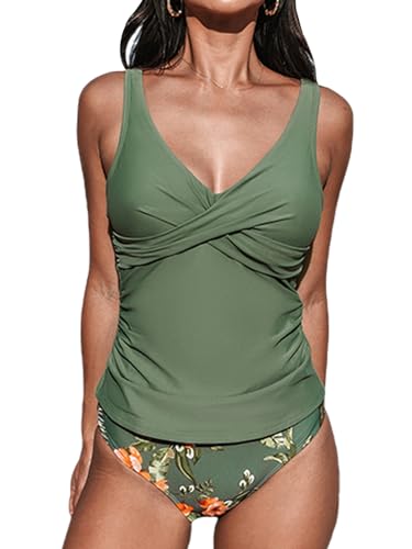 CUPSHE Damen Tankini Set V Ausschnitt Wickeloptik Crossover Tankini Mid Waist Bauchweg Raffung Bademode Zweiteiliger Badeanzug Swimsuit Olivgrün/Blumenmuster XS von CUPSHE