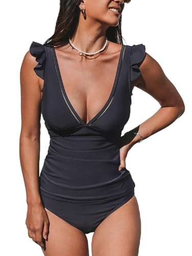 CUPSHE Damen Tankini Set V Ausschnitt Zierausschnitt Bauchweg Raffung Mid Waist Curvy Bademode Zweiteiliger Große Größen Badeanzug Swimsuit Dunkelgrau L von CUPSHE